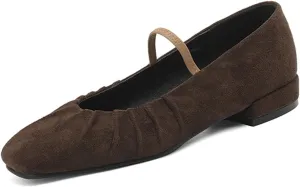 Women'S Vintage Suede Pleated Mary Jane Flats,Comfortable Closed Square Toe Elastic Strap Low Heel Slip Ons,for Casual Party Ballet Shoes