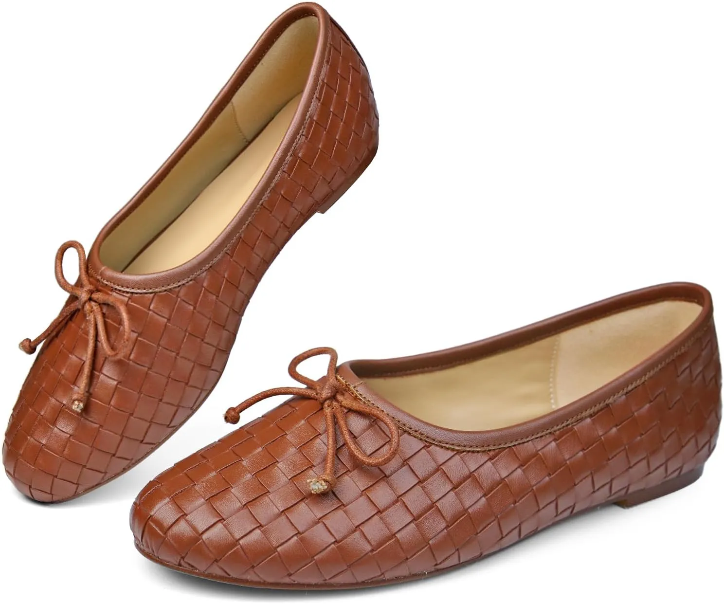 Women’s Woven Ballet Flats Leather Plaid Round Toe Mary Jane Shoe with Bow Tie Fashion Dress Slip on Low Heel Ballerina Shoes