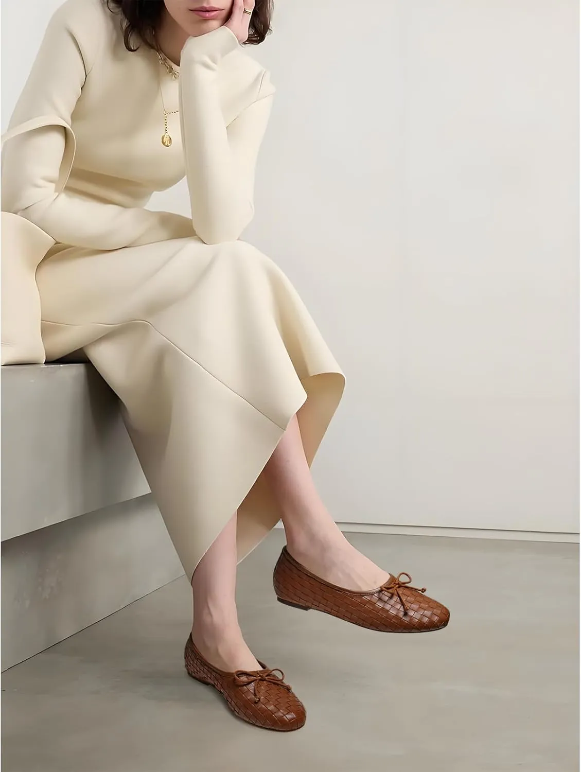 Women’s Woven Ballet Flats Leather Plaid Round Toe Mary Jane Shoe with Bow Tie Fashion Dress Slip on Low Heel Ballerina Shoes