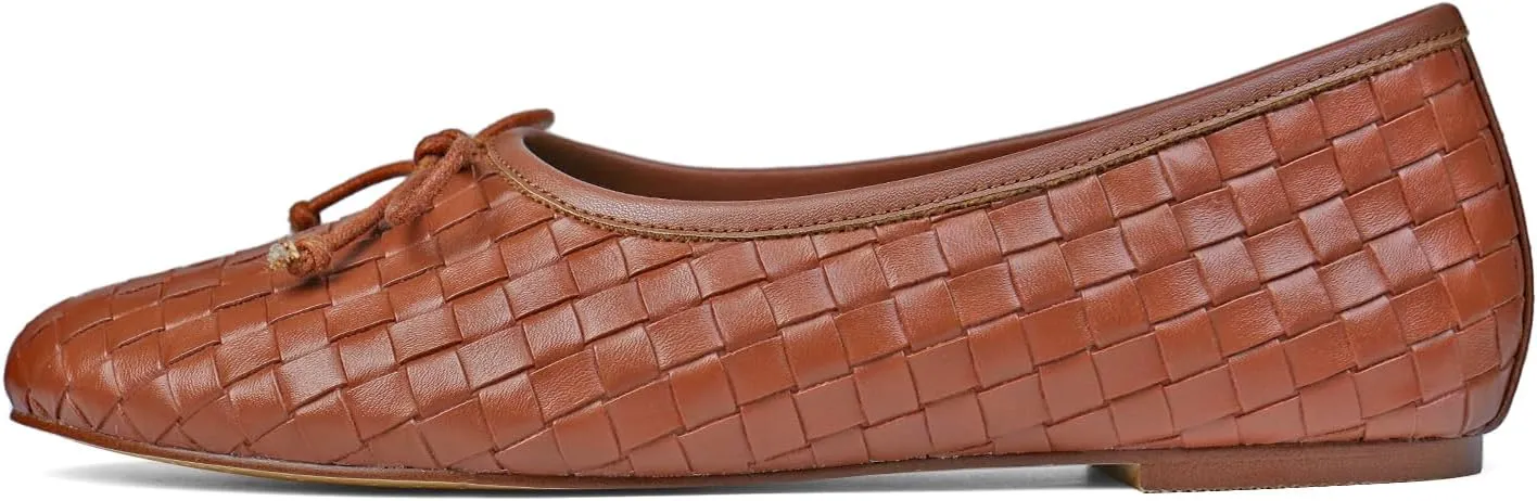 Women’s Woven Ballet Flats Leather Plaid Round Toe Mary Jane Shoe with Bow Tie Fashion Dress Slip on Low Heel Ballerina Shoes