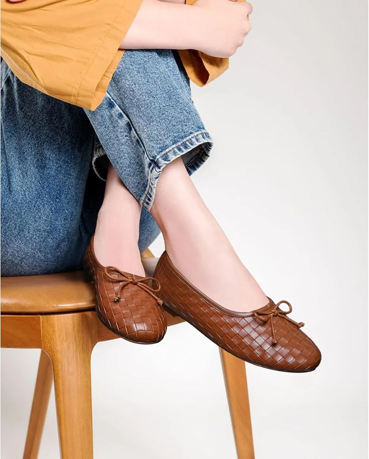 Women’s Woven Ballet Flats Leather Plaid Round Toe Mary Jane Shoe with Bow Tie Fashion Dress Slip on Low Heel Ballerina Shoes