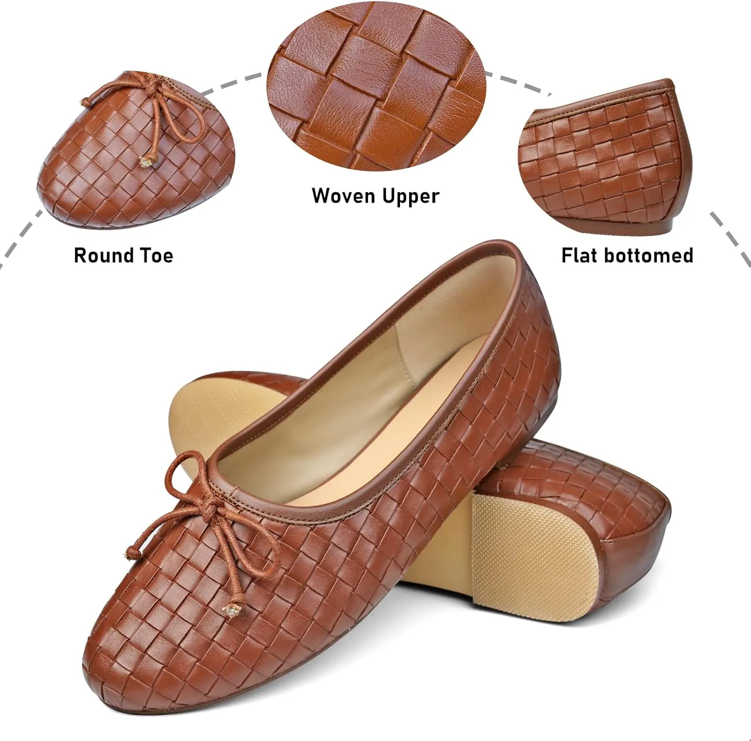 Women’s Woven Ballet Flats Leather Plaid Round Toe Mary Jane Shoe with Bow Tie Fashion Dress Slip on Low Heel Ballerina Shoes