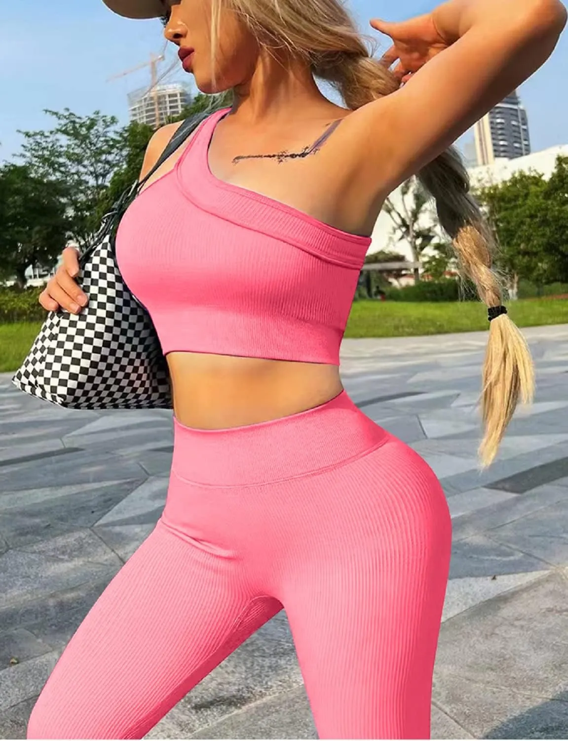 Workout Sets for Women 2 Piece Seamless Sexy One Shoulder Sport Bra High Waist Shorts GMY Yoga Two Piece Outfits