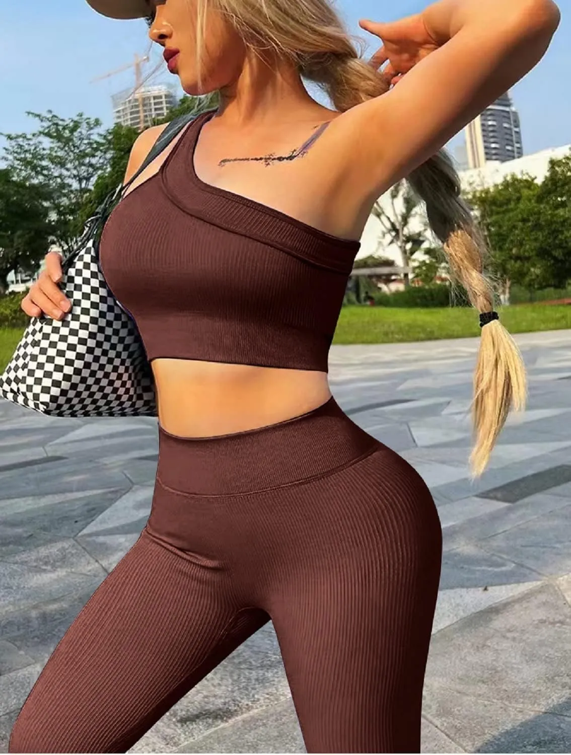 Workout Sets for Women 2 Piece Seamless Sexy One Shoulder Sport Bra High Waist Shorts GMY Yoga Two Piece Outfits