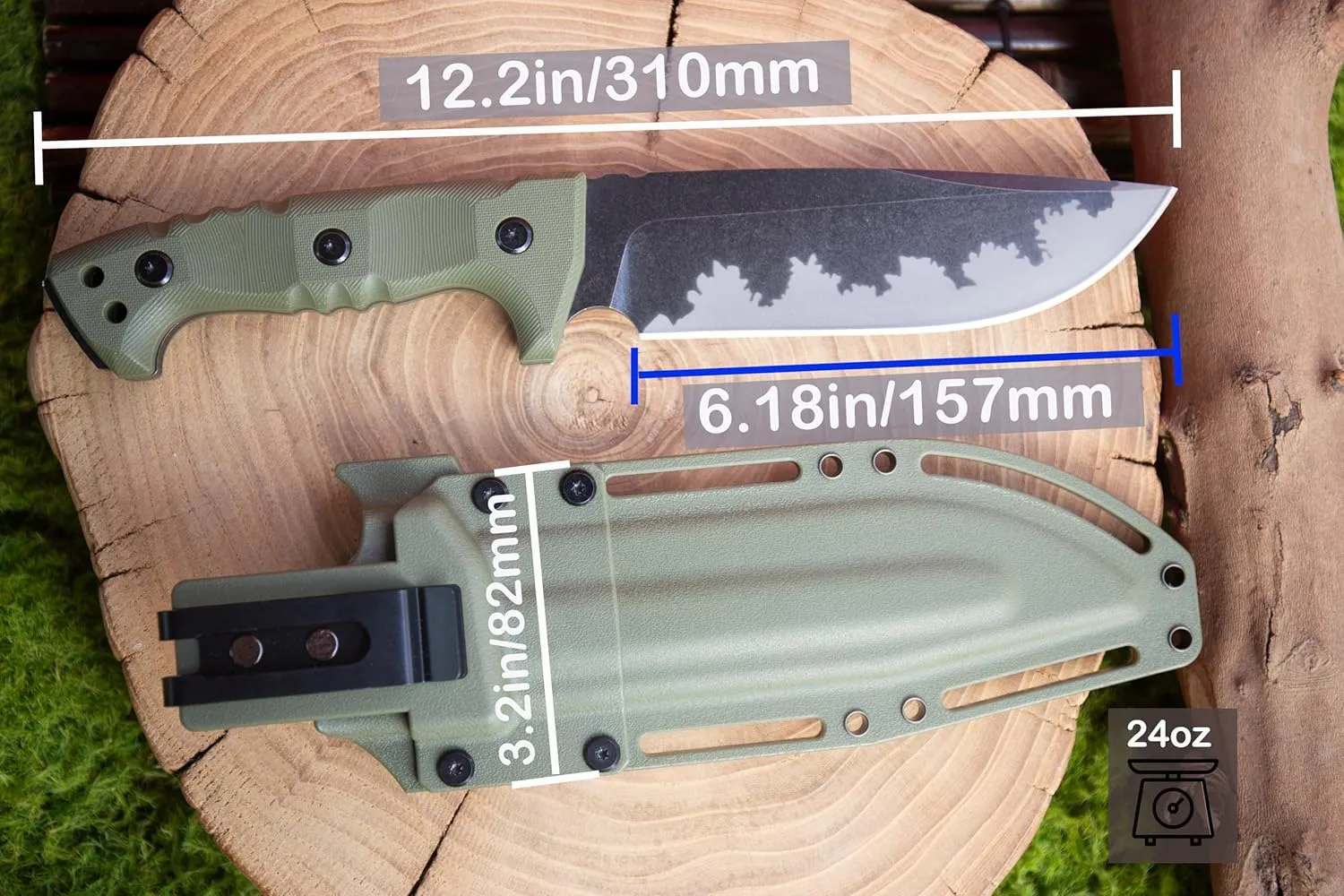 WT11 12'' Fixed Blade Fulltang Heavy Duty Knife, Military Tactical Knife with Keydex Sheath, Survival Bushcraft Knife for Hunting, Outdoor, Camping, Gift for Men(Green)