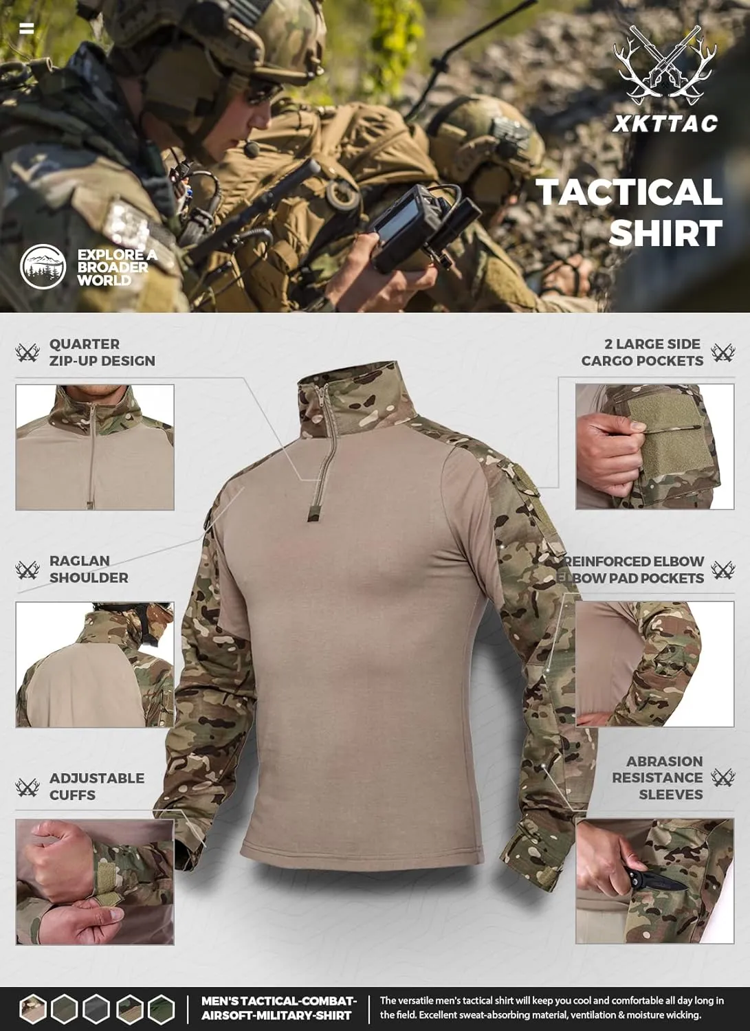 XKTTAC Combat Tactical Shirt for Men with 2-4 Pockets Airsoft-Military-Paintball-Camping Gear Army Security Clothes