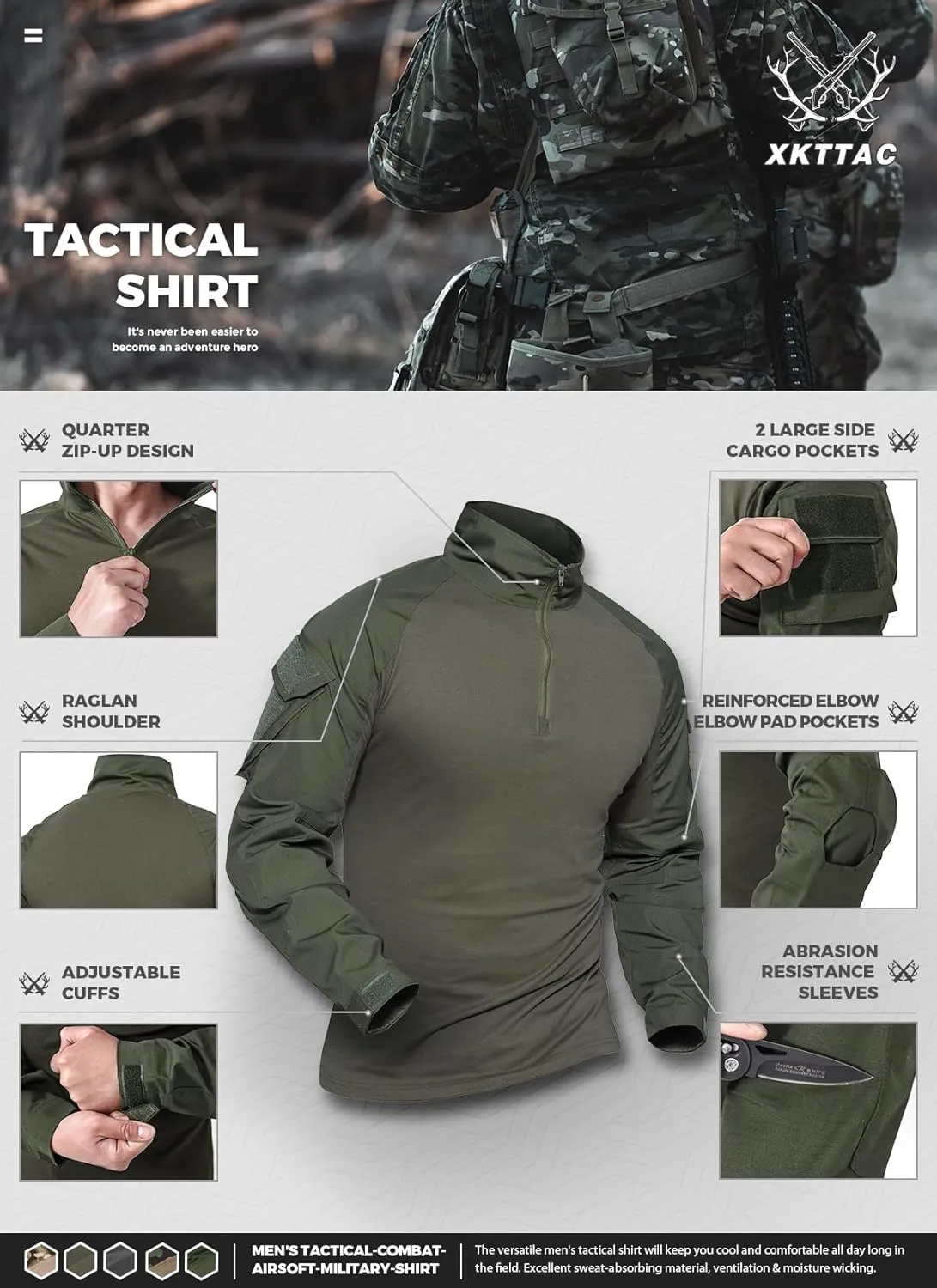 XKTTAC Combat Tactical Shirt for Men with 2-4 Pockets Airsoft-Military-Paintball-Camping Gear Army Security Clothes