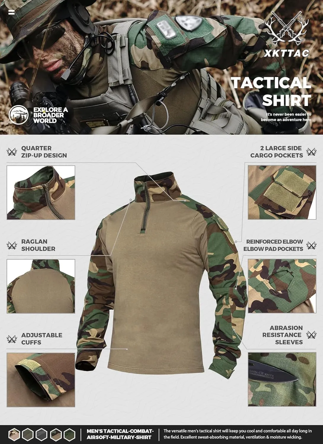 XKTTAC Combat Tactical Shirt for Men with 2-4 Pockets Airsoft-Military-Paintball-Camping Gear Army Security Clothes