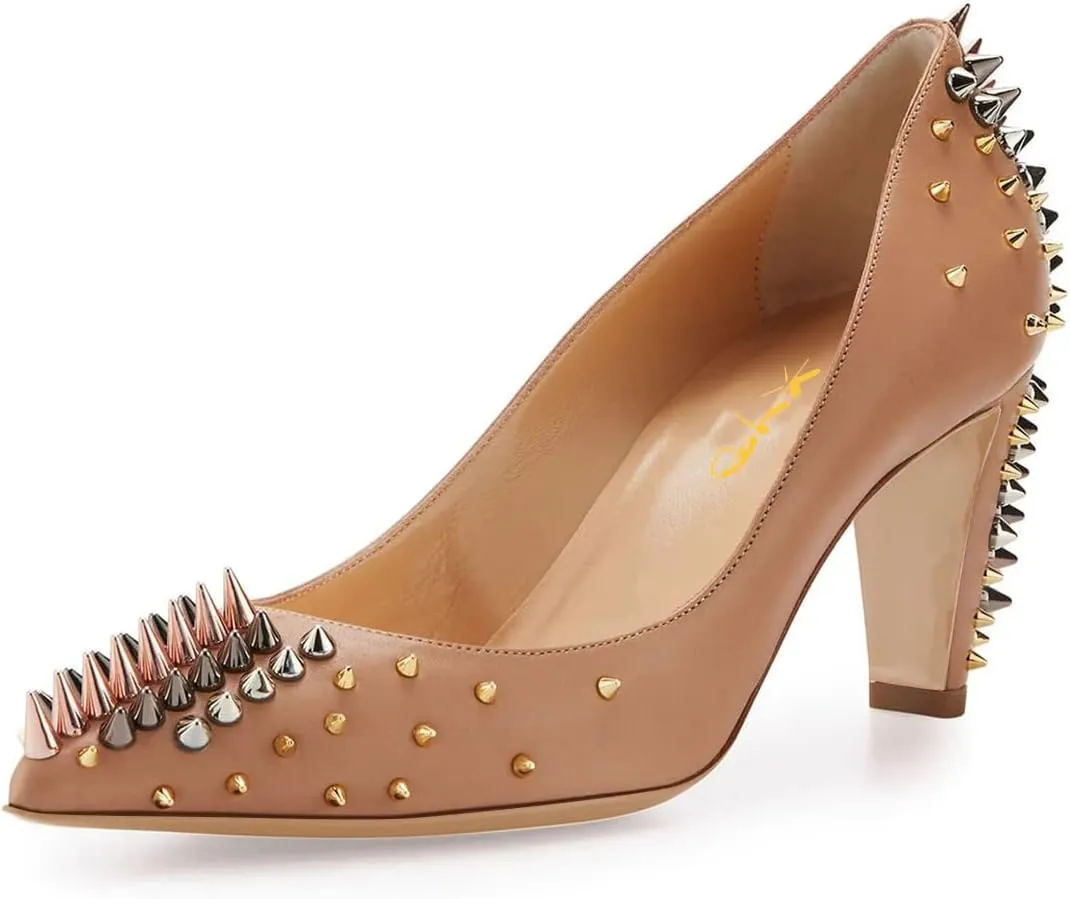 XYD Women Spikes Mid Heel Studded Pumps Pointed Closed Toe Rivets Slip On Edgy Party Dress Shoes