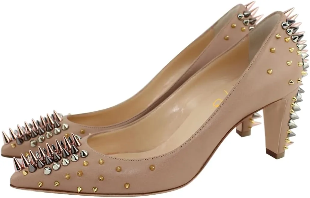 XYD Women Spikes Mid Heel Studded Pumps Pointed Closed Toe Rivets Slip On Edgy Party Dress Shoes
