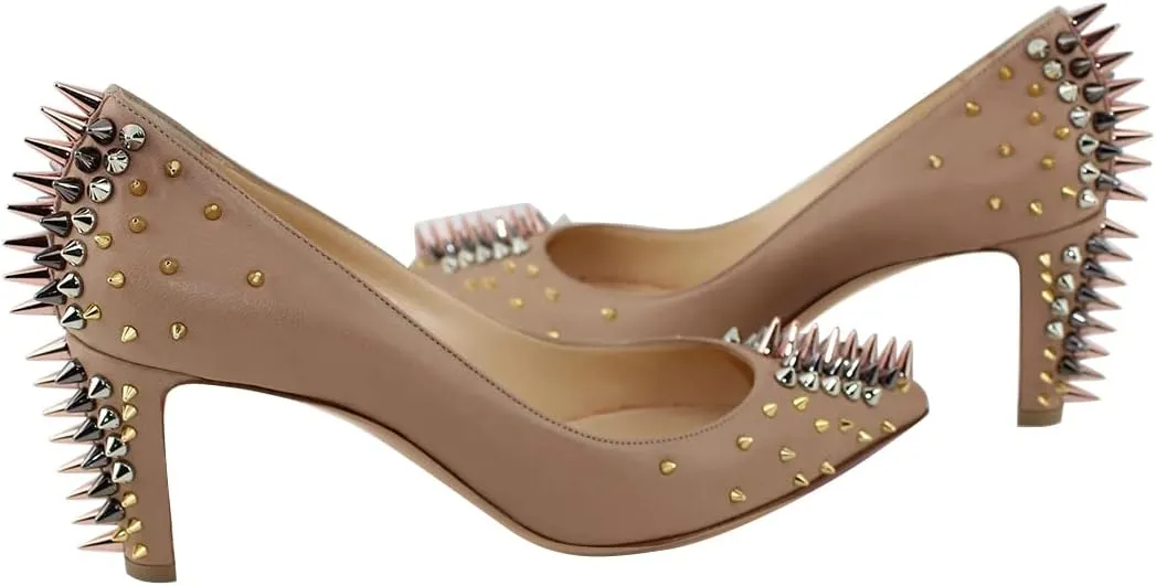 XYD Women Spikes Mid Heel Studded Pumps Pointed Closed Toe Rivets Slip On Edgy Party Dress Shoes