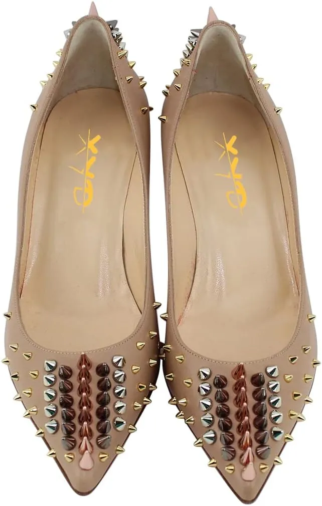 XYD Women Spikes Mid Heel Studded Pumps Pointed Closed Toe Rivets Slip On Edgy Party Dress Shoes