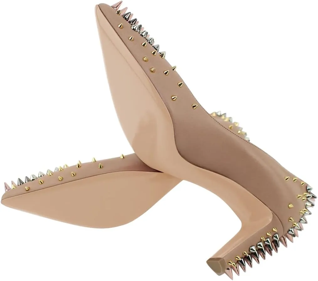 XYD Women Spikes Mid Heel Studded Pumps Pointed Closed Toe Rivets Slip On Edgy Party Dress Shoes